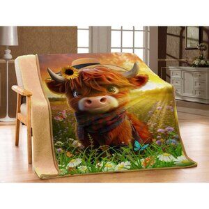 Highland Cow Calf Cattle Sherpa Plush Throw Gift Blanket Art New Daisy Sunshine